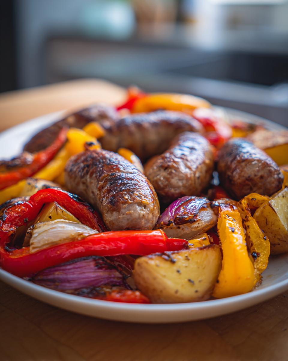 Close-up of roasted sausage peppers onions and potatoes served on a white plate.