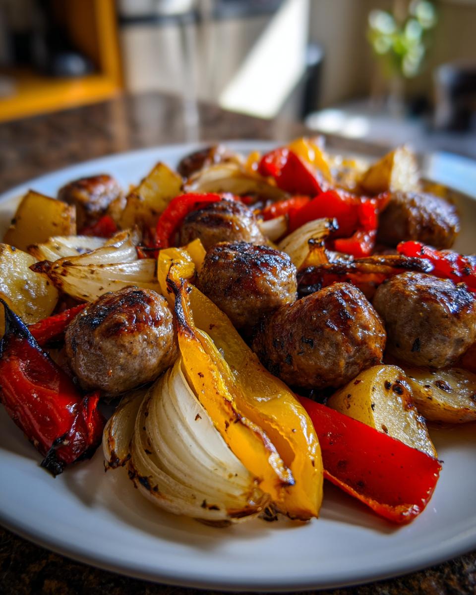Close-up of roasted sausage peppers onions and potatoes mixture served on a white plate.