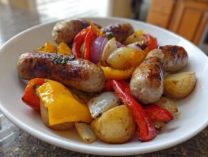 A white plate filled with browned sausages, roasted potatoes, red and yellow bell peppers, and onions, featuring the sausage peppers onions and potatoes recipe.