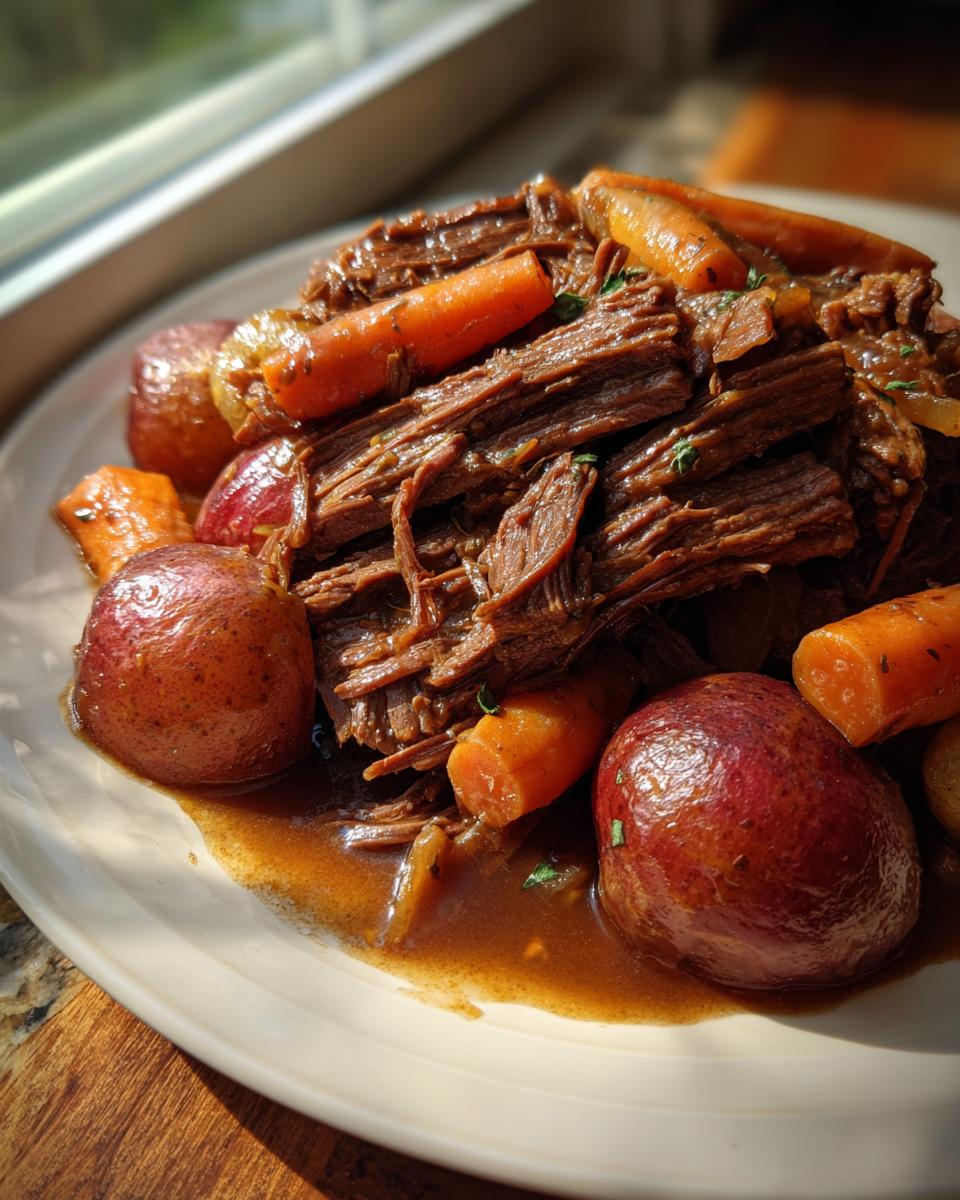 Close-up of shredded beef, carrots, and red potatoes served with rich gravy from a slow cooker pot roast.
