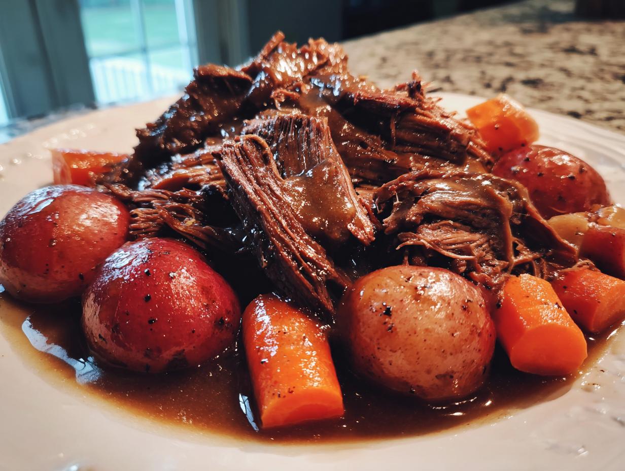 Close-up of tender, shredded slow cooker pot roast served with whole red potatoes and chopped carrots in rich gravy.