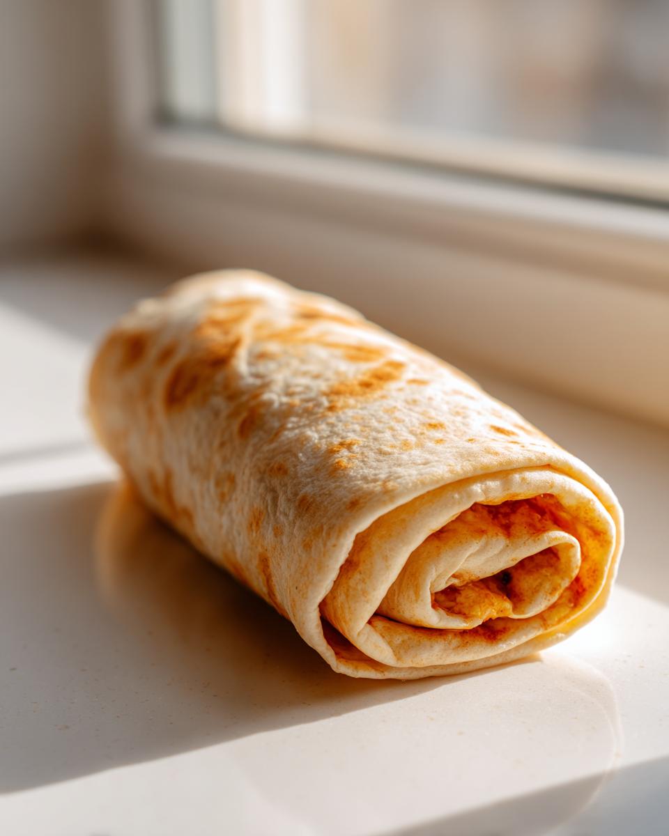 A single, tightly rolled meal prep breakfast burrito resting on a bright white surface near a window.