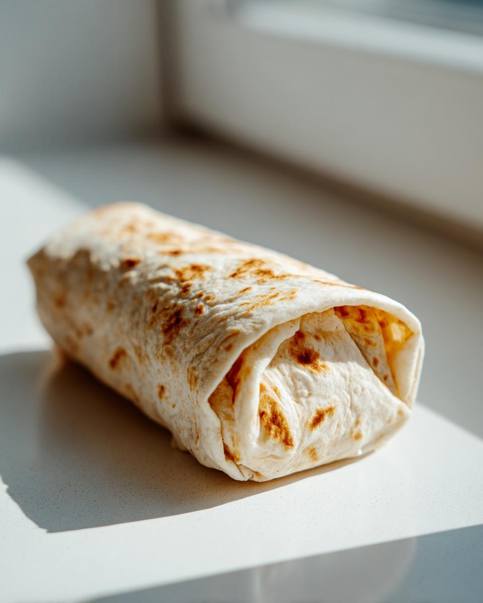 A single, tightly wrapped meal prep breakfast burrito with lightly browned tortilla resting on a bright white surface.