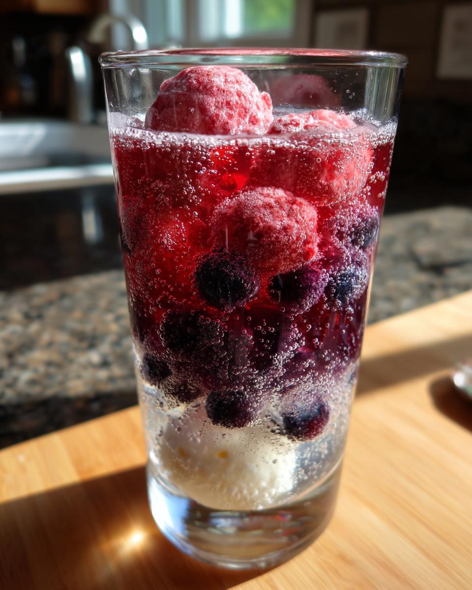 Close-up of a tall glass containing a fizzy patriotic punch with blueberries, red sorbet scoops, and vanilla ice cream at the bottom.