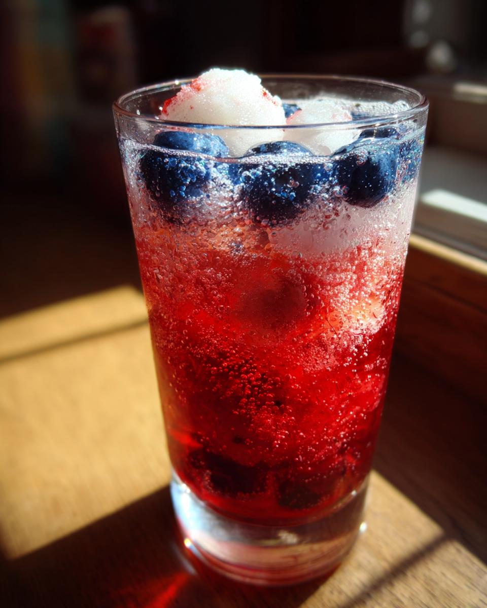 Close-up of a single glass of patriotic punch showing vibrant red liquid, floating blueberries, and a scoop of white shaved ice.