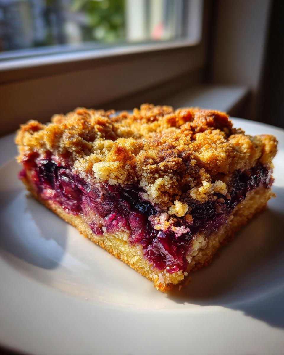 A close-up of a square slice of german plum cobbler featuring a thick layer of dark purple fruit filling and a golden, crumbly streusel topping.