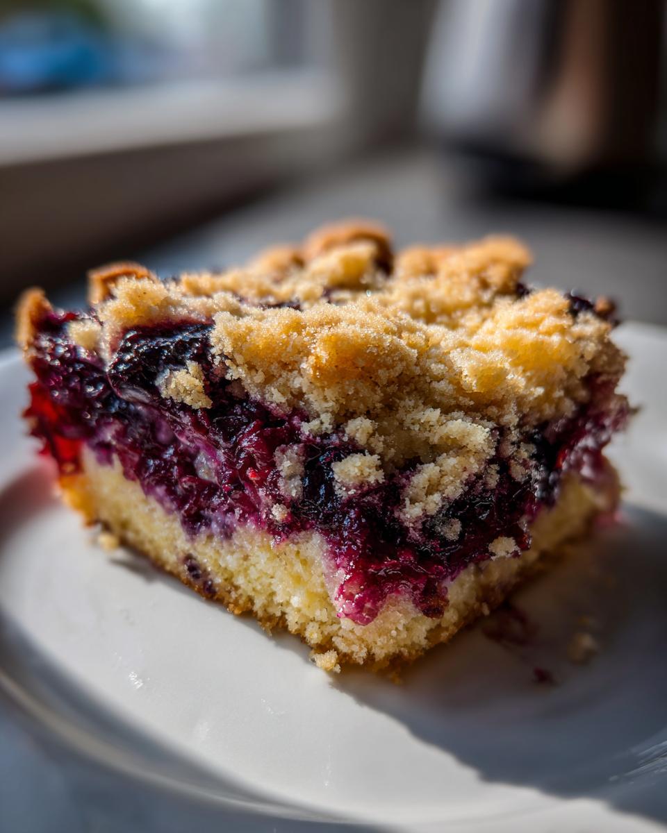 A close-up of a moist slice of german plum cobbler featuring a thick layer of dark purple fruit filling and a golden streusel topping.