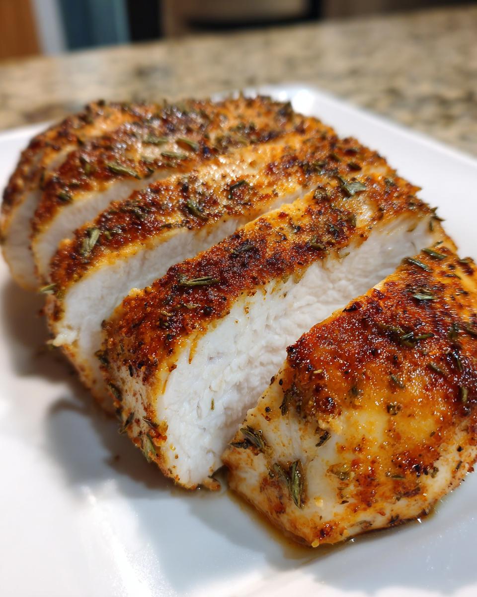 Close-up of a juicy, sliced high-protein low-calorie chicken breast seasoned with herbs and spices.