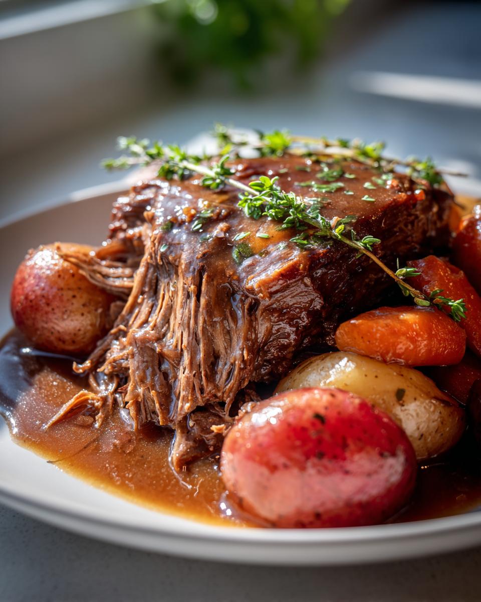 Close-up of tender, shredded slow cooker pot roast covered in rich gravy, served with red potatoes and carrots, garnished with thyme.