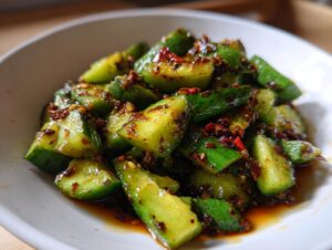 Close-up of vibrant green smashed cucumber salad tossed in chili oil and spices, served in a white bowl.