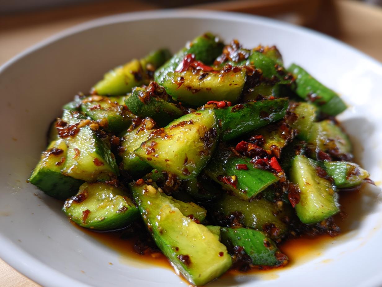 Close-up of vibrant green smashed cucumber salad tossed in chili oil and spices, served in a white bowl.