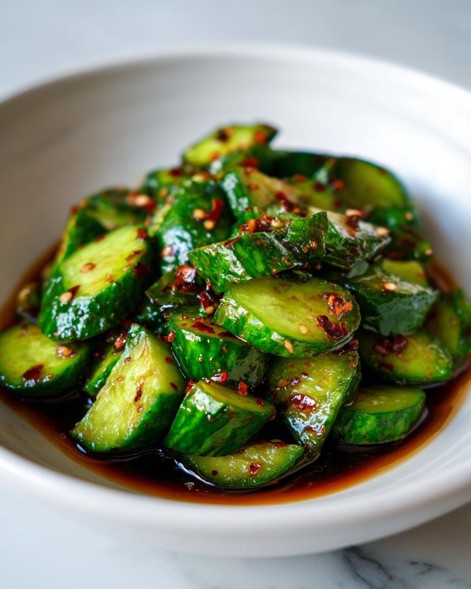 Close-up of vibrant green, smashed cucumber salad pieces coated in a dark, glossy sauce with visible chili flakes.