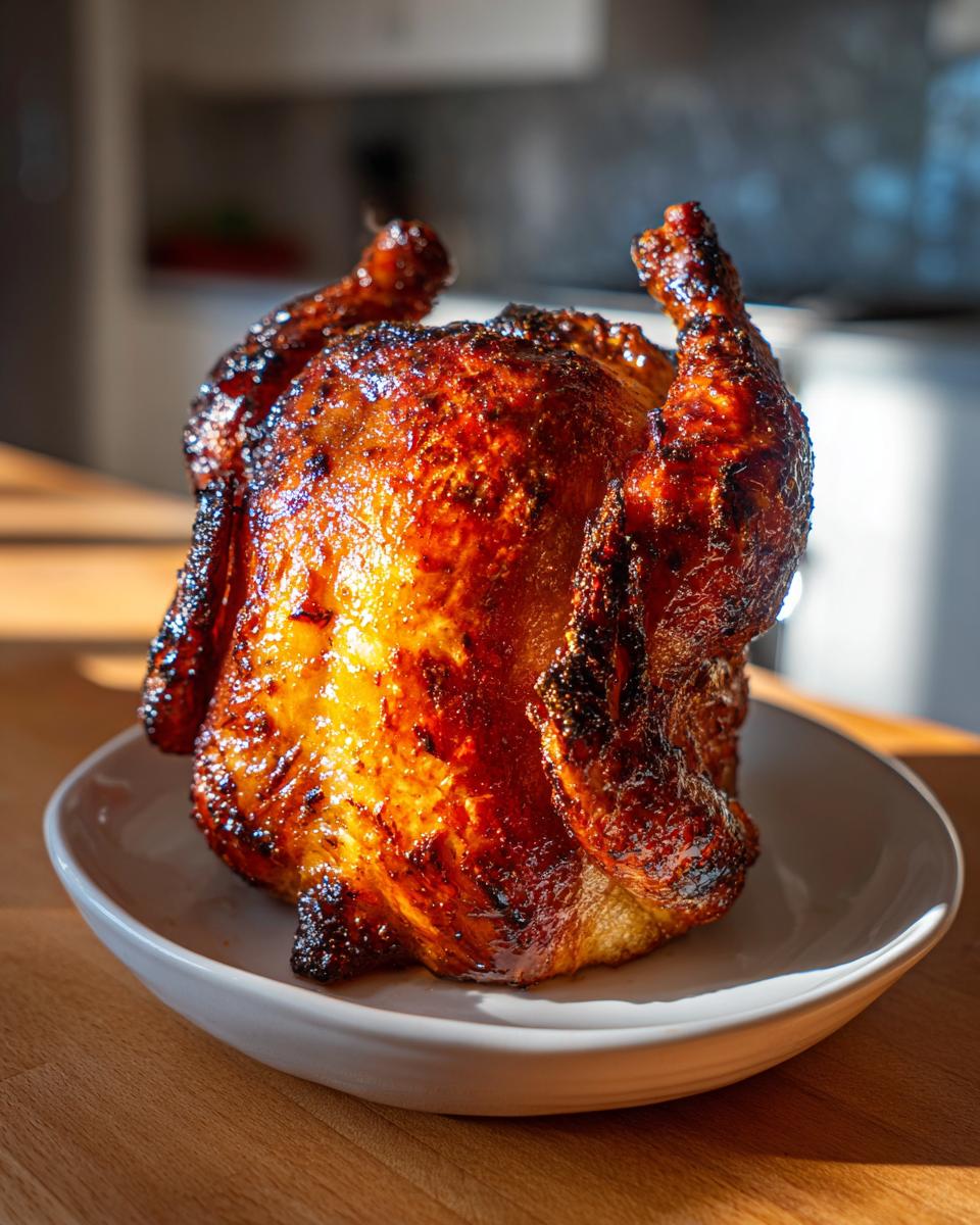 A whole, beautifully roasted smoked beer can chicken with dark, crispy, glazed skin sitting upright on a white plate.
