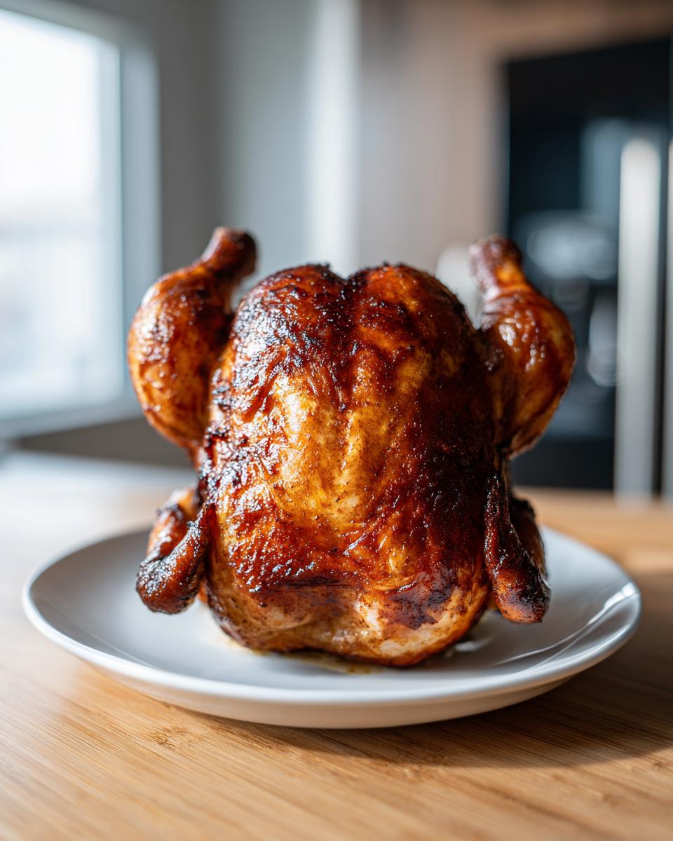 A whole, beautifully browned smoked beer can chicken standing upright on a white plate.
