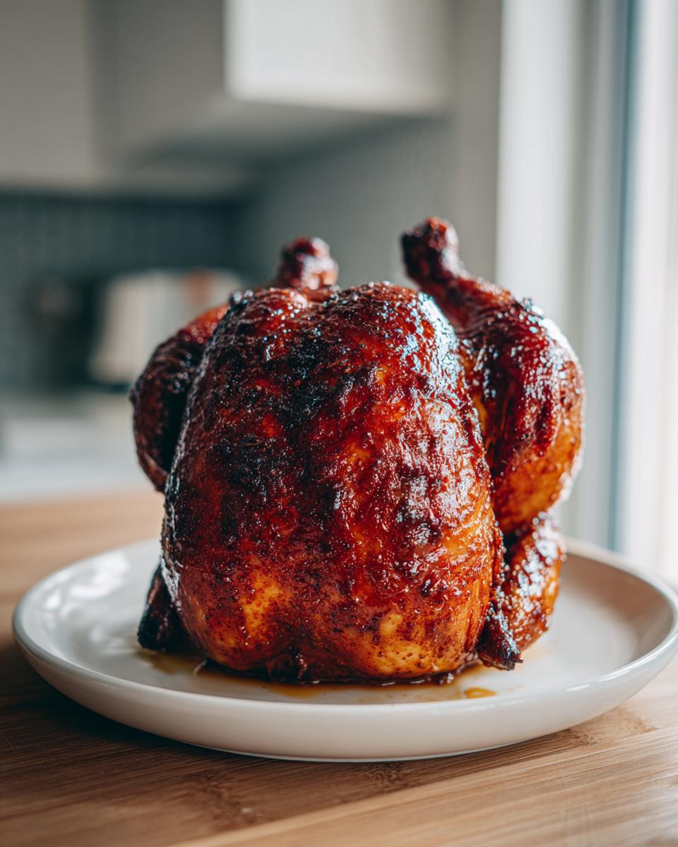 A whole, beautifully browned smoked beer can chicken resting on a white plate indoors.