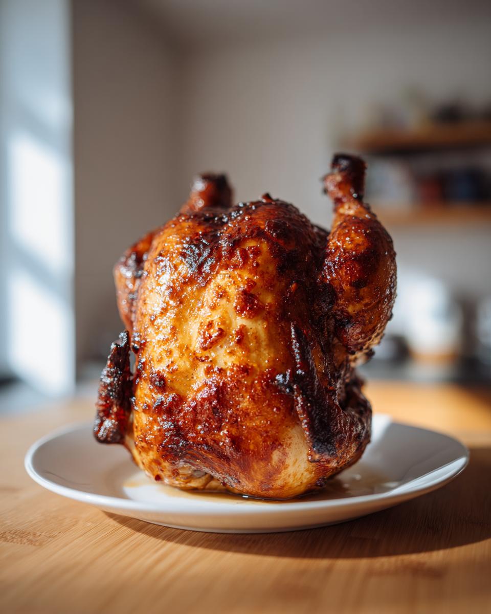 A whole, perfectly cooked smoked beer can chicken with crispy, browned skin sitting on a white plate.