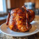 A whole, perfectly cooked smoked beer can chicken with glossy, dark golden-brown skin resting on a white plate.