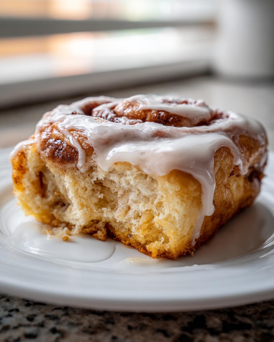 A close-up shot of a soft, fluffy protein cinnamon rolls with a thick layer of white icing dripping down the side.