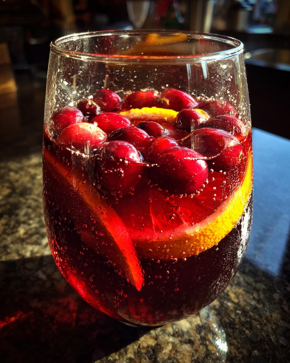 Close-up of a glass filled with sparkling cranberry sangria, featuring floating whole cranberries and orange slices.
