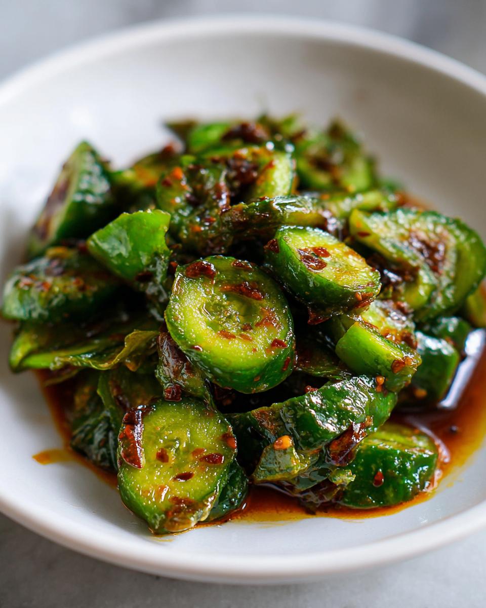 Close-up of vibrant green, smashed cucumber salad pieces coated in a spicy chili oil dressing.
