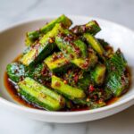 Close-up of vibrant green smashed cucumber salad tossed in a dark, spicy chili oil dressing.