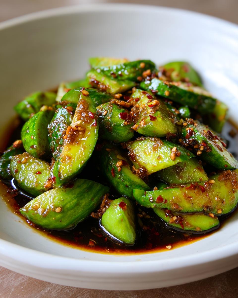Close-up of bright green, smashed cucumber salad pieces coated in a dark, spicy chili and sesame dressing.