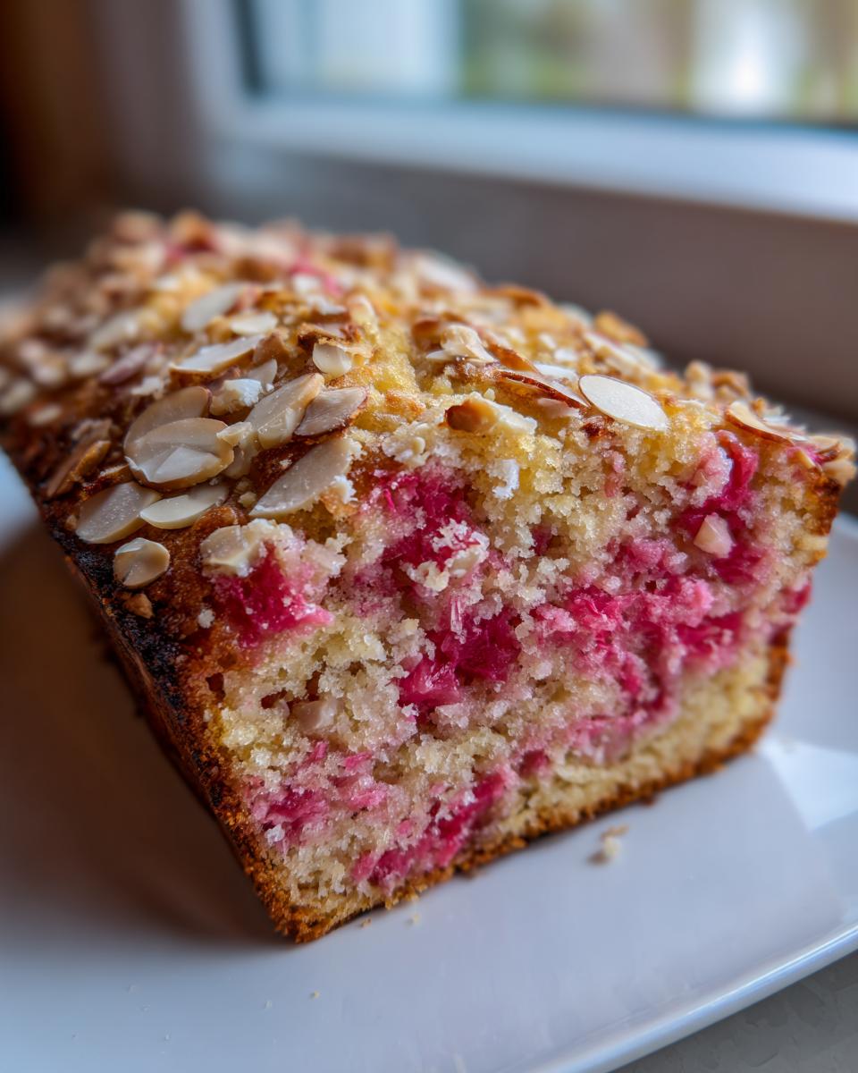 Close-up of a moist slice of spring rhubarb cake with almond topping, showing bright pink rhubarb pieces inside the crumb.