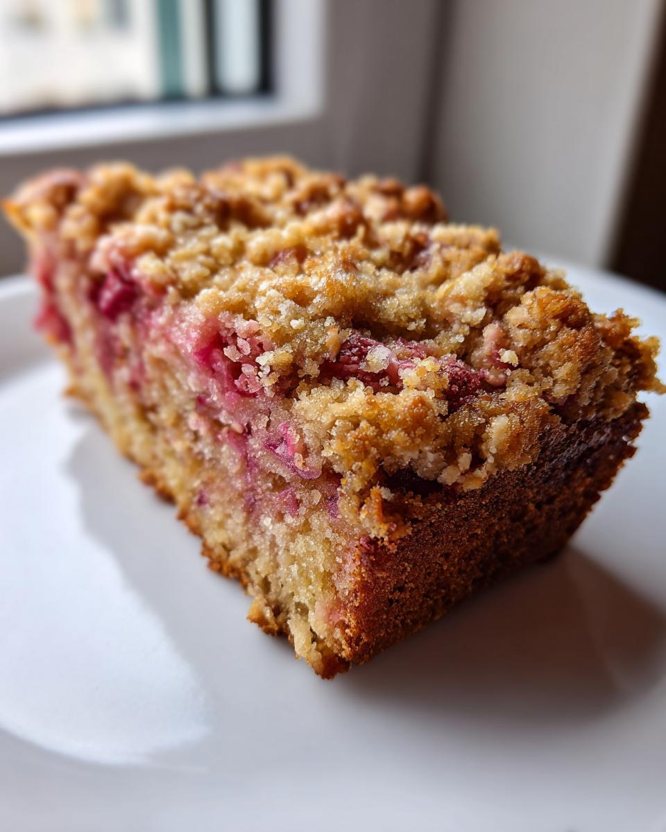 Close-up of a moist slice of spring rhubarb cake with almond topping on a white plate.