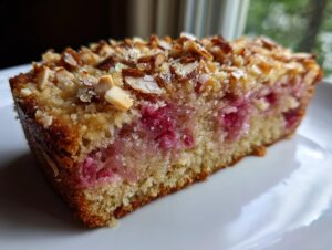 Close-up of a slice of spring rhubarb cake with almond topping, showing pink rhubarb filling.