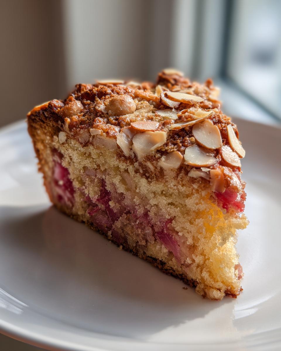A close-up slice of spring rhubarb cake with almond topping, featuring moist cake and bright pink rhubarb pieces.