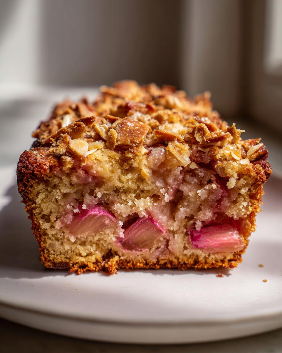Close-up of a slice of spring rhubarb cake with almond topping, showing moist cake and pink rhubarb pieces.