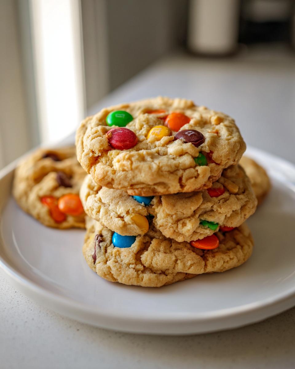 A stack of three freshly baked peanut butter M&M cookies piled on a white plate.