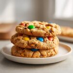 A stack of three delicious peanut butter M&M cookies resting on a small white plate.