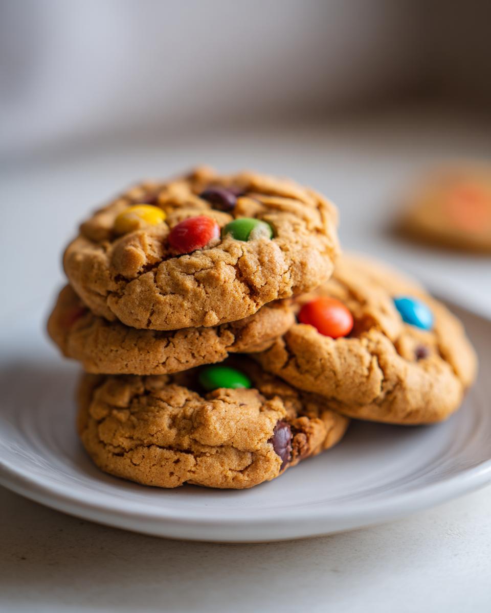 A stack of three soft, chewy peanut butter M&M cookies topped with colorful candies on a white plate.
