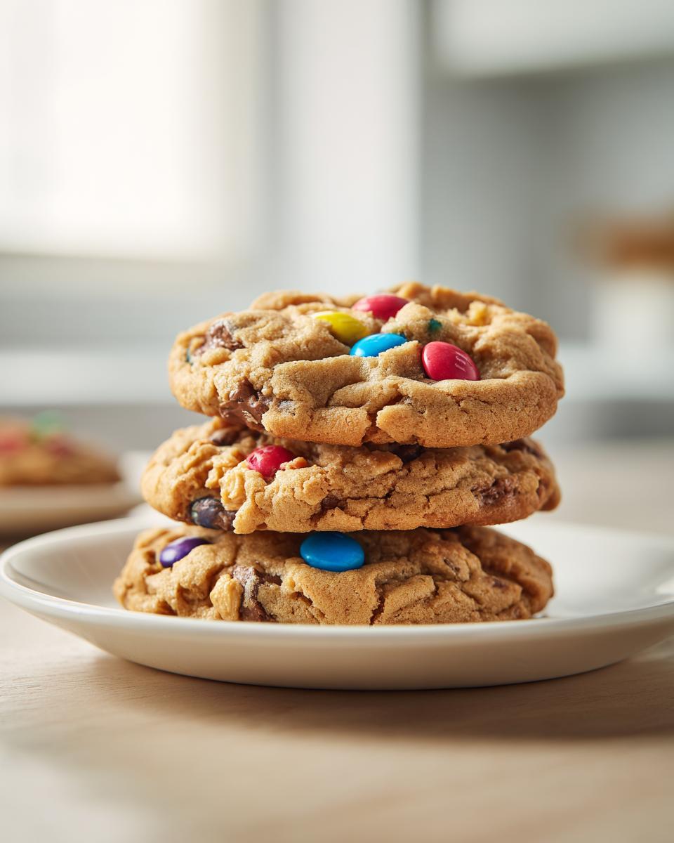 Three delicious peanut butter M&M cookies stacked on a white plate, featuring colorful candy pieces.
