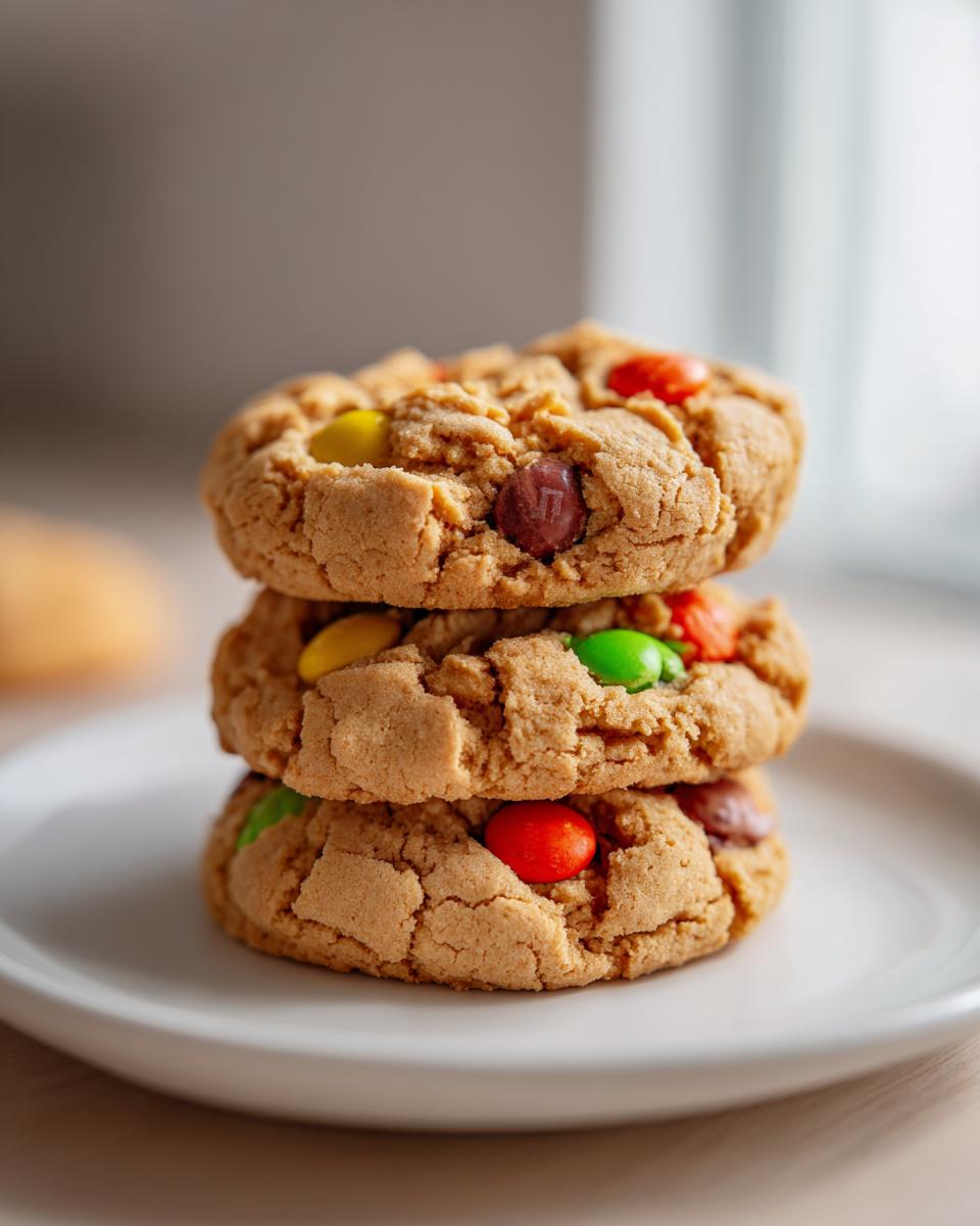 Three stacked, chewy peanut butter M&M cookies with colorful candies embedded in the tops.