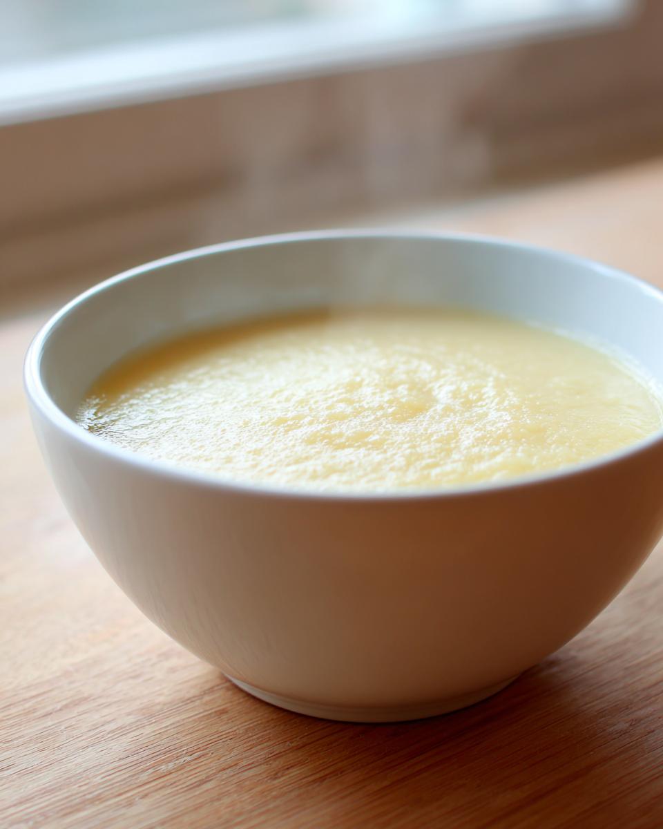 Close-up of a white bowl filled with hot, creamy low calorie potato soup, resting on a wooden surface.