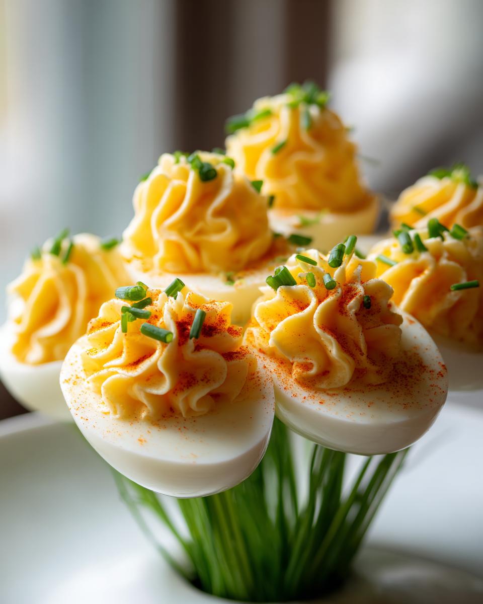 Close-up of a deviled egg bouquet, featuring piped filling, paprika, and chives, standing in green onion stems.