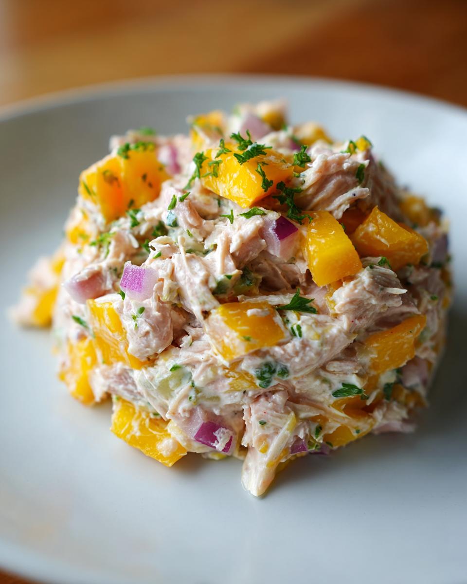 A mound of creamy tuna peaches salad mixed with diced orange peaches and red onion, garnished with parsley.
