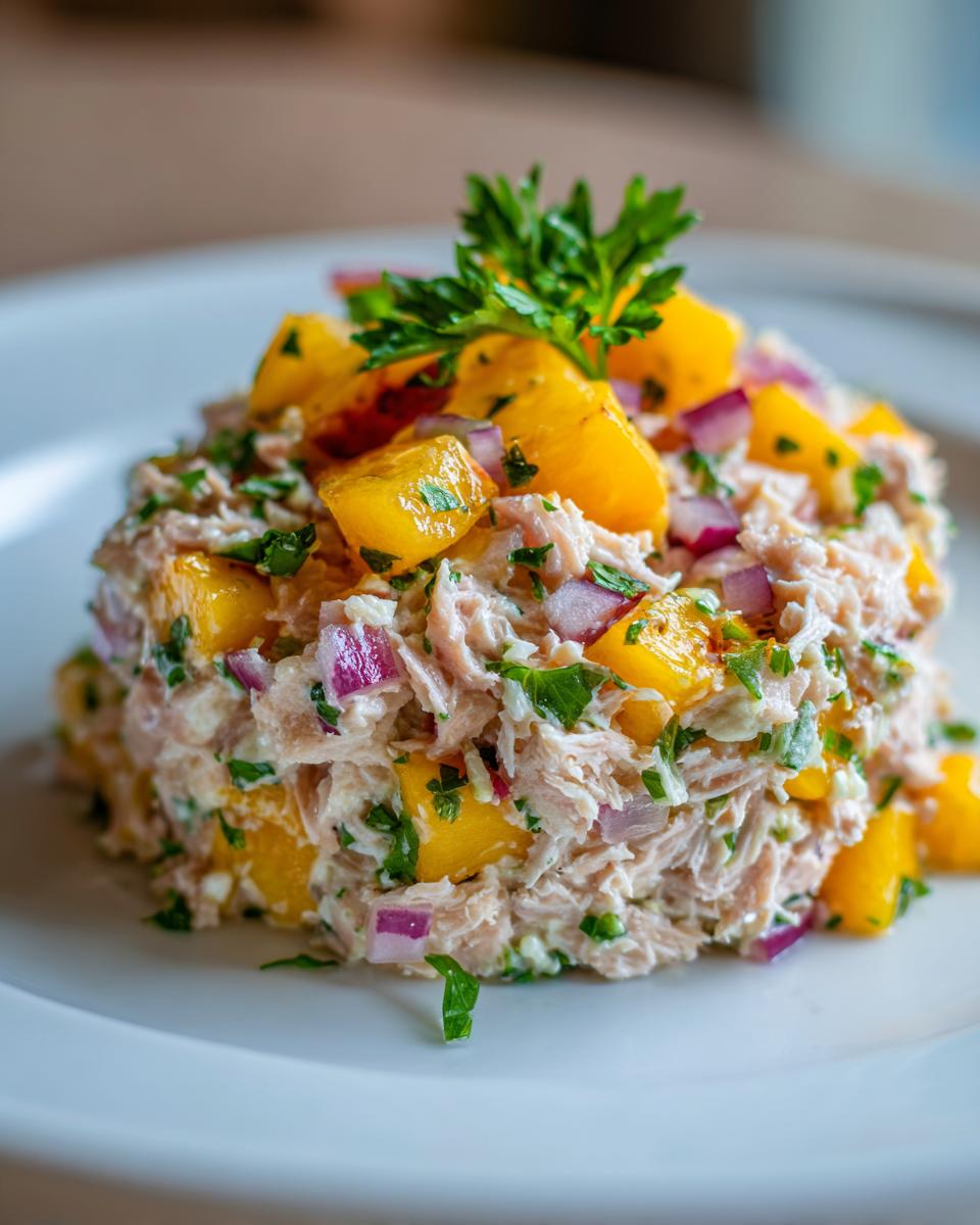A mound of fresh tuna peaches salad mixed with red onion and herbs, garnished with parsley.